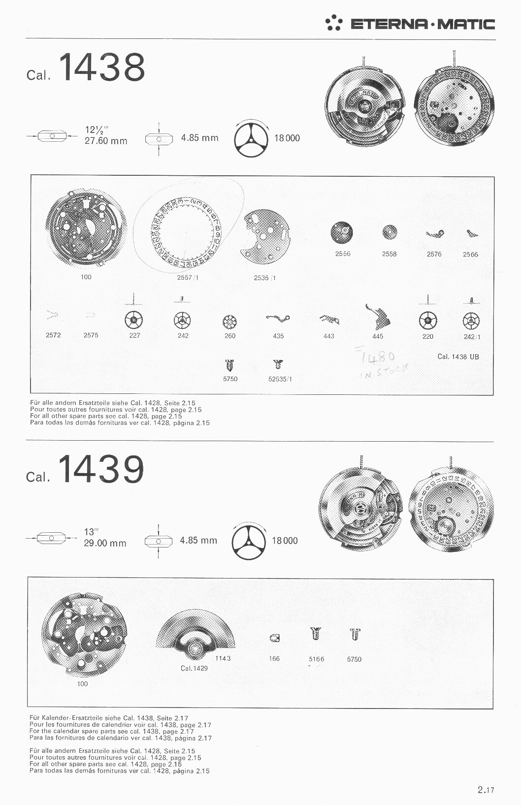 Eterna 1438, 1439 partlist