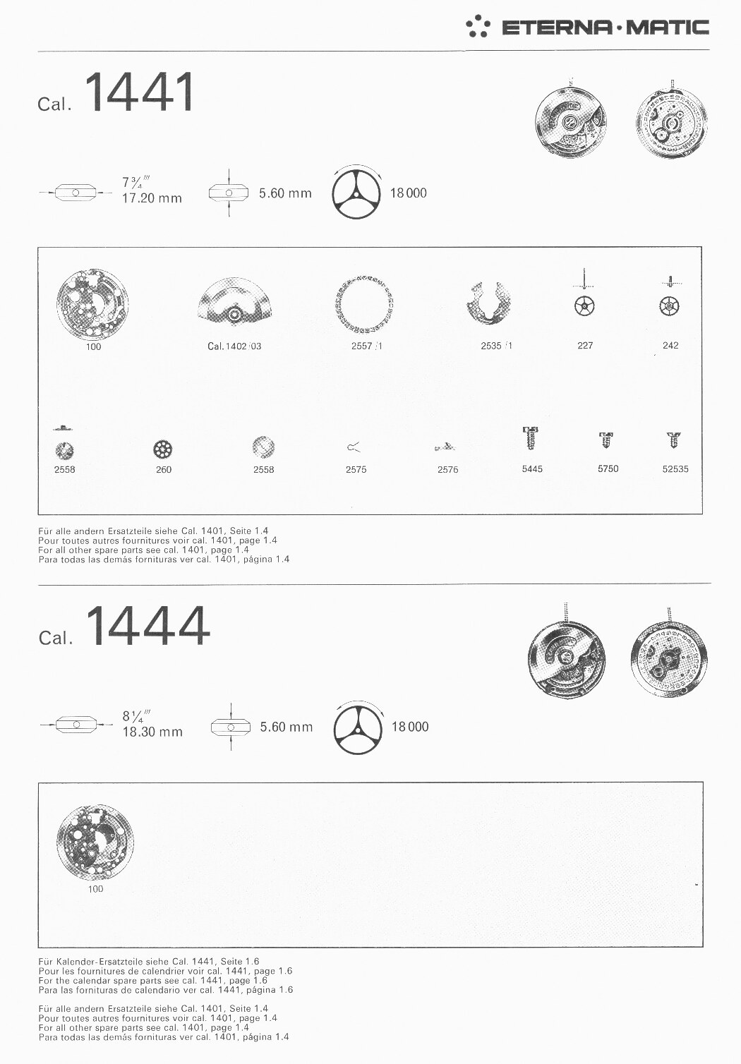 Eterna 1441, 1444 partlist