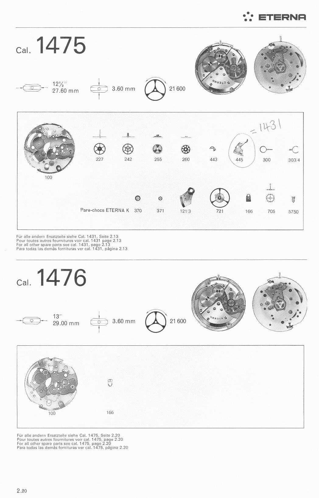 Eterna 1475, 1476 partlist