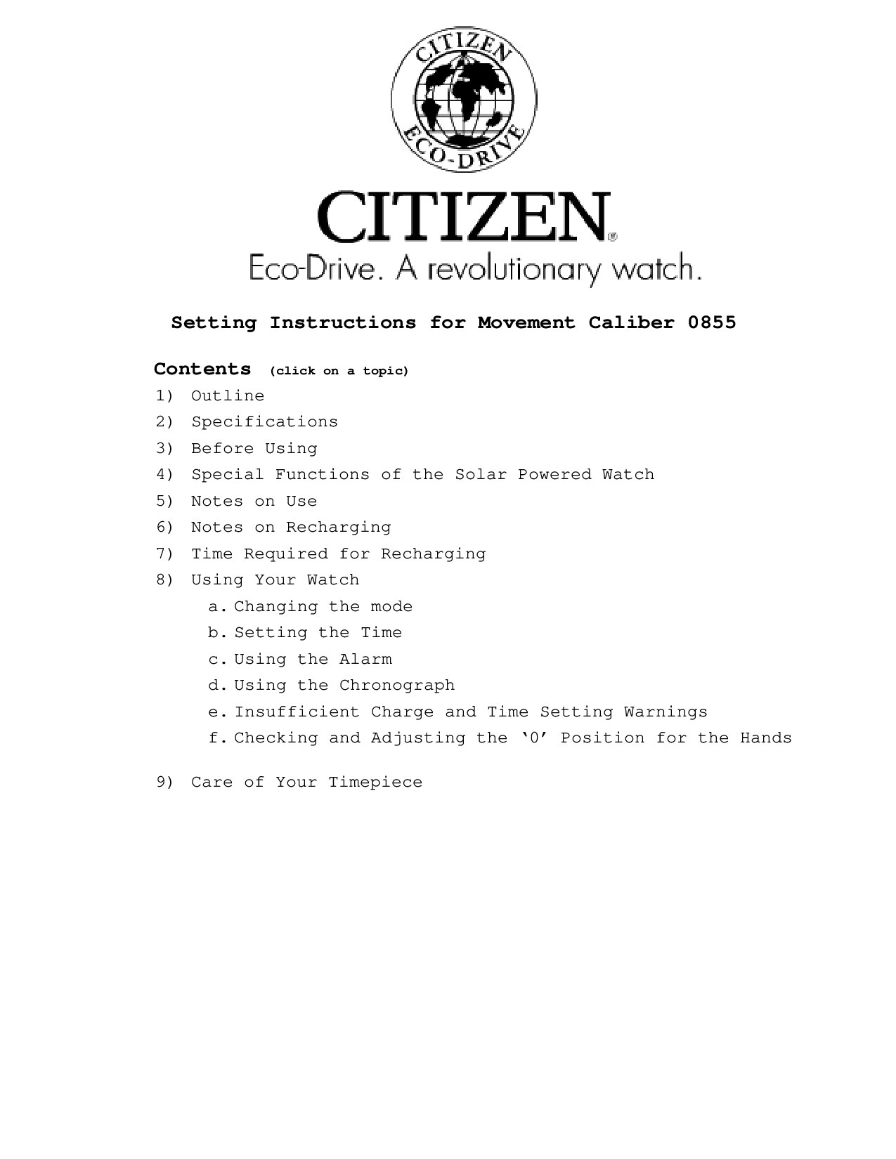 Setting Instructions for Movement Caliber 0850 / 0855