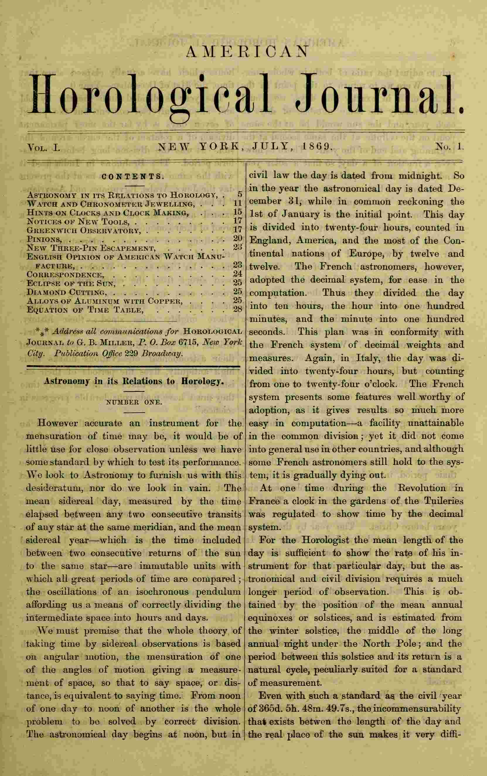 American Horological Journal, Vol. I, No. 1, July 1869: Devoted to Pratical Horology